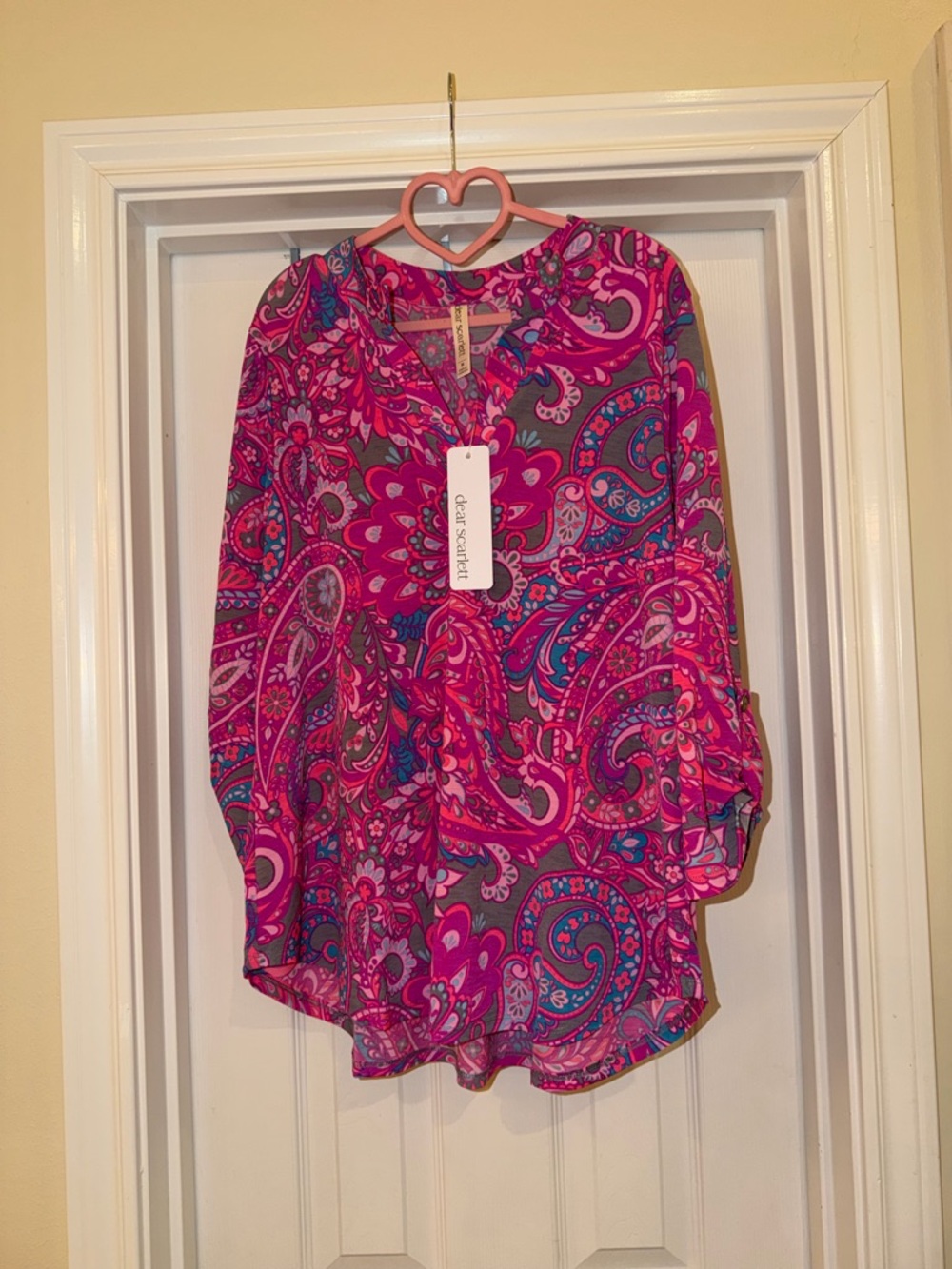 Pink Paisley V-Neck Blouse by Dear Scarlett